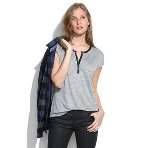 Madewell gray Henley top with leather neck trim.